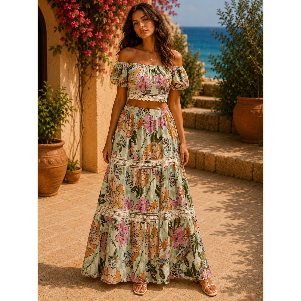 Z&L Europe Tropical Floral Boho 2 Piece Set Crop Top S Maxi Skirt L Green Pink